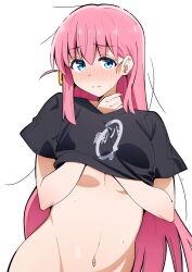 Rule 34 | 1girl, black shirt, blue eyes, blush, bocchi the rock!, bottomless, breasts, commentary request, cube hair ornament, gotoh hitori, hair ornament, hands up, highres, long hair, looking at viewer, navel, one side up, pink hair, sakura 1110ssmm, shirt, short sleeves, simple background, solo, sweatdrop, underboob, wavy mouth, white background