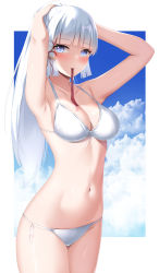 Rule 34 | 1girl, armpits, arms up, ayaka (genshin impact), bare arms, bare shoulders, bikini, blue eyes, blue sky, blunt bangs, blush, breasts, cleavage, cloud, collarbone, commentary request, cowboy shot, day, genshin impact, groin, highres, large breasts, long hair, looking at viewer, mouth hold, navel, side-tie bikini bottom, sky, smile, solo, standing, stomach, string bikini, swimsuit, tatsumiya kagari, thighs, very long hair, white bikini, white hair