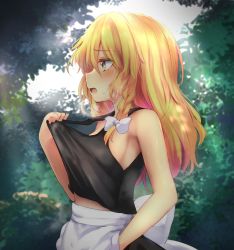 Rule 34 | 1girl, apron, armpits, back bow, bare shoulders, black skirt, black vest, blonde hair, blurry, blurry background, blush, bow, braid, breasts, commentary request, dress, eyes visible through hair, frills, grey apron, grey bow, hair between eyes, hair bow, hand up, highres, kirisame marisa, leaf, leon0705, light, long hair, looking to the side, midriff peek, no bra, no headwear, outdoors, shadow, single braid, skirt, sky, sleeveless, sleeveless dress, small breasts, solo, standing, sunlight, sweat, sweatdrop, tongue, touhou, tree, vest, white sky, yellow eyes