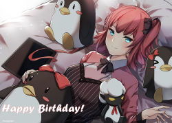 Rule 34 | 1girl, bad id, bad pixiv id, black bow, blue eyes, blush, bow, closers, hair bow, happy birthday, looking at viewer, lying, on back, red hair, seulbi lee, short hair, short ponytail, smile, yeooudam