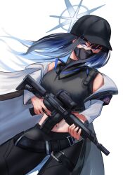 Rule 34 | 1girl, absurdres, bare shoulders, baseball cap, belt, black belt, black pants, black shirt, blue archive, blue eyes, blue hair, blue hat, breasts, coat, commentary request, cowboy shot, crop top, gun, hat, highres, holding, holding gun, holding weapon, ikecchi (hayato moon), large breasts, leggings, long hair, long sleeves, looking at viewer, mask, midriff, mouth mask, navel, off shoulder, open clothes, open coat, pants, rifle, saori (blue archive), shirt, simple background, sleeveless, sleeveless shirt, solo, standing, stomach, very long hair, weapon, white background