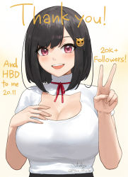 Rule 34 | 1girl, black hair, blush, breasts, cat cutout, cleavage, cleavage cutout, clothing cutout, dated, english text, gradient background, hair ornament, hand on breasts, highres, large breasts, looking at viewer, medium hair, milestone celebration, nhaliz, original, shirt, shirt tucked in, smile, solo, teeth, thank you, twitter username, upper teeth only, v, white shirt