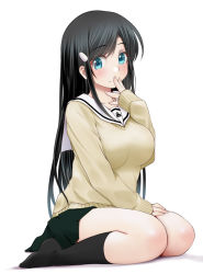Rule 34 | 1girl, black hair, black socks, blue eyes, blush, breasts, brown sweater, character request, closed mouth, commentary request, full body, green skirt, hair ornament, hairclip, hand to own mouth, hand up, kneehighs, kozue akari, long hair, long sleeves, looking at viewer, medium breasts, no shoes, pleated skirt, school uniform, sengoku otome, serafuku, shadow, shirt, sitting, skirt, sleeves past wrists, smile, socks, solo, sweater, swept bangs, very long hair, wariza, white background, white shirt