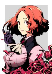 Rule 34 | 1girl, breasts, brown hair, flower, gloves, highres, ito (daisukidanchi), looking at viewer, medium breasts, medium hair, okumura haru, persona, persona 5, purple gloves, purple lips, red eyes, rose, smile, solo