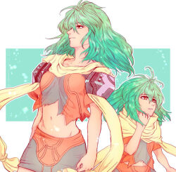 2girls age_comparison black_skirt breasts closed_mouth commentary_request dual_persona emerada_(xenogears) green_background green_hair large_breasts long_hair multiple_girls navel pencil_skirt pin_(xeno) scarf skirt smile standing torn_clothes two-tone_background white_background xenogears yellow_eyes yellow_scarf