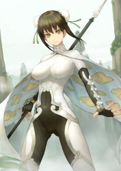 Rule 34 | 1girl, black gloves, bodysuit, breasts, brown hair, covered navel, double bun, fate/grand order, fate (series), fingerless gloves, gloves, green eyes, green ribbon, hair between eyes, hair ribbon, highres, holding, holding polearm, holding weapon, large breasts, looking at viewer, mountain, outdoors, polearm, qin liangyu (fate), ribbon, short hair with long locks, sidelocks, skin tight, smile, solo, standing, toima (beat0829), weapon