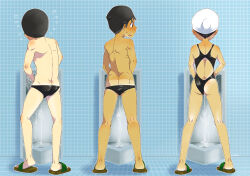 Rule 34 | 1girl, 2boys, ass, back, bare legs, black one-piece swimsuit, blush, clothing aside, competition swimsuit, flying sweatdrops, from behind, full body, girl+boy peeing together, gluteal fold, hanpanthu, highres, kneepits, legs apart, looking at another, male swimwear, multiple boys, one-piece swimsuit, original, pee, peeing, peeing together, restroom, sandals, standing, sweatdrop, swim cap, swimsuit, swimsuit aside, textless version, thighs, tile floor, tile wall, tiles, trembling, urinal, urinal use, water drop