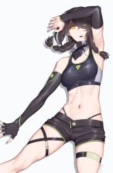 Rule 34 | 1girl, arm up, arm warmers, armpits, bandana, black gloves, black hair, braid, commentary request, cowboy shot, crop top, dangle earrings, earrings, elbow gloves, fingerless gloves, fingernails, girls&#039; frontline, gloves, green trim, hair over one eye, hair tie, hand to forehead, jewelry, legs, long hair, looking at viewer, looking down, lying, mac-10 (girls&#039; frontline), midriff, navel, on back, parted lips, partial commentary, roki (shouka65), scar, shadow, shirt, short shorts, shorts, simple background, single arm warmer, single elbow glove, single fingerless glove, skindentation, solo, spread fingers, stitches, taut clothes, taut shirt, thigh strap, thong, tsurime, twitter username, white background, yellow eyes
