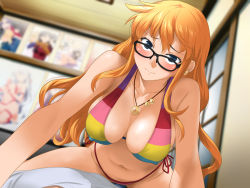 Rule 34 | 1girl, bare arms, bare legs, bikini, black-framed eyewear, black eyes, blonde hair, blush, breasts, cleavage, closed mouth, clownculture, cosplay, covered erect nipples, glasses, highres, indoors, jewelry, large breasts, legs, long hair, looking at viewer, lying, nami (one piece), nami (one piece) (cosplay), navel, necklace, one piece, original, pov, shy, sitting, sitting on person, smile, solo focus, string bikini, striped bikini, striped clothes, swimsuit, thighs
