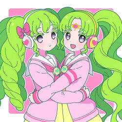 Rule 34 | 2girls, :d, border, cardigan, closed mouth, colored eyelashes, commentary request, dress, dual persona, falulu, falulu (awakened), forehead jewel, green hair, grey eyes, headphones, hug, long hair, long sleeves, looking at viewer, multiple girls, neckerchief, nekomachi nao, open mouth, outside border, paprika private academy school uniform, parted bangs, pink background, pink cardigan, pink neckerchief, pretty series, pripara, sailor collar, school uniform, sidelocks, smile, standing, twintails, upper body, very long hair, white border, white sailor collar, wing hair ornament, yellow dress