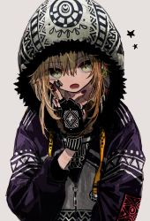 Rule 34 | 1girl, azzz (7334080), bad id, bad twitter id, black nails, blonde hair, character request, copyright request, drawstring, earrings, fingerless gloves, fur trim, gloves, grey background, hair between eyes, highres, hood, hoodie, hoop earrings, jacket, jewelry, long hair, looking at viewer, nail polish, open mouth, patterned clothing, simple background, solo, star (symbol), upper body, zipper, zipper pull tab
