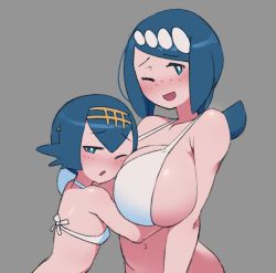 Rule 34 | 2girls, age difference, alternate breast size, annue (annueart), bikini, blue eyes, blue hair, blush, breasts, commentary, creatures (company), english commentary, freckles, game freak, gold hairband, grey background, hairband, incest, lana&#039;s mother (pokemon), lana (pokemon), long hair, looking to the side, mature female, mother and daughter, multiple girls, navel, nintendo, one eye closed, onee-loli, open mouth, pokemon, pokemon (anime), pokemon sm (anime), raised eyebrows, shiny skin, short hair, swimsuit, white bikini