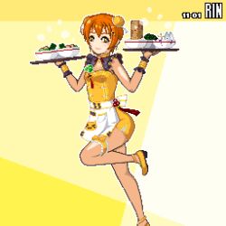 Rule 34 | 1girl, alternate hairstyle, apron, artist name, artist request, bare legs, blush, bowl, china dress, chinese clothes, detached leg, double bun, dress, female focus, food, full body, green eyes, hair between eyes, hair bun, holding, holding plate, hoshizora rin, looking at viewer, love live!, love live! school idol project, noeejang, orange hair, parted lips, plate, shoes, short hair, smile, solo, standing, standing on one leg, white apron, wrist cuffs, yellow eyes, yellow footwear