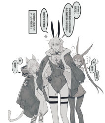 Rule 34 | 3girls, alternate costume, amiya (arknights), animal ears, annoyed, arknights, bags under eyes, blush, bow, bowtie, cat ears, cat girl, cat tail, chinese text, coat, coat on shoulders, collarbone, detached collar, doctor (arknights), fake tail, female doctor (arknights), flat chest, flying sweatdrops, gloves, greyscale, hair between eyes, hand on own hip, kaifei (kaifei 29), leotard, long hair, messy hair, monochrome, multiple girls, oversized clothes, pantyhose, playboy bunny, pointing, ponytail, rabbit ears, rabbit girl, rosmontis (arknights), simplified chinese text, speech bubble, strapless, strapless leotard, tail, thigh strap, white background