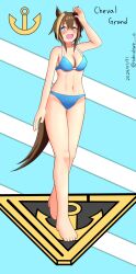 Rule 34 | 1girl, absurdres, animal ears, arm up, bare shoulders, barefoot, bikini, blue bikini, breasts, character name, cheval grand (umamusume), cleavage, commentary request, dated, ear covers, feet, full body, highres, horse ears, horse girl, horse tail, large breasts, blue background, looking at viewer, navel, no headwear, open mouth, simple background, solo, standing, subculture is, swimsuit, tail, twitter username, two-tone background, umamusume, white background