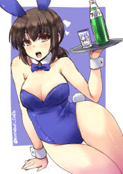 Rule 34 | 10s, 1girl, alternate costume, animal ears, bare shoulders, black hair, blush, bottle, bow, bowtie, breasts, brown eyes, cleavage, curvy, detached collar, fake animal ears, fanta, fubuki (kancolle), glass, kantai collection, long hair, looking at viewer, low ponytail, open mouth, playboy bunny, ponytail, rabbit ears, rabbit tail, shinshin, solo, tail, tray, wide hips, wrist cuffs