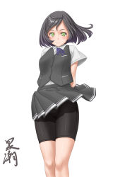 Rule 34 | 1girl, absurdres, arms behind back, artist name, bike shorts, black hair, black shorts, black skirt, black vest, blue ribbon, commentary request, green eyes, hair ornament, hairclip, highres, kantai collection, kuroshio (kancolle), looking at viewer, neck ribbon, pleated skirt, ribbon, school uniform, shirt, short hair, short sleeves, shorts, shorts under skirt, simple background, skirt, solo, standing, t2r, thighs, vest, white background, white shirt