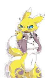 Rule 34 | !?, 1girl, animal ears, animal hands, animal nose, black sclera, blue eyes, blush, body fur, breasts, claws, colored sclera, cowboy shot, digimon, digimon (creature), embarrassed, fang, female focus, fingerless gloves, fox ears, fox girl, fox tail, furry, furry female, gloves, hands up, medium breasts, navel, no humans, no nipples, nose blush, nousen, nude, open mouth, own hands together, purple gloves, pussy, renamon, simple background, solo, standing, stomach, sweat, tail, thick thighs, thighs, two-tone fur, uncensored, white background, white fur, wide hips, yellow fur, yin yang