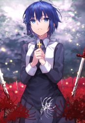 Rule 34 | 1girl, black dress, black keys (type-moon), blood, bloody weapon, blue eyes, blue hair, ciel (tsukihime), closed mouth, cloud, cloudy sky, cross, cross necklace, crying, crying with eyes open, dress, field, fingernails, flower, flower field, habit, hair between eyes, herigaru (fvgyvr000), highres, holding, holding cross, jewelry, latin cross, light particles, long dress, long sleeves, looking away, looking up, necklace, nun, own hands together, planted, planted sword, planted weapon, red flower, seiza, short hair, sitting, sky, solo, spider lily, sword, tearing up, tears, traditional nun, tsukihime, tsukihime (remake), weapon, white flower, white spider lily