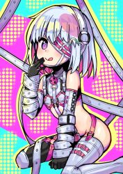 Rule 34 | 1girl, :q, bare shoulders, black gloves, blush, bondage outfit, colored inner hair, commentary request, crop top, dohna dohna issho ni warui koto o shiyou, eyepatch, flat chest, gag, gloves, hair ornament, heart, heart hair ornament, highres, layered gloves, licking lips, looking at viewer, multicolored hair, nangong (skarndrnjs), onono imoko (style), pink eyes, pink hair, porno (dohna dohna), revealing clothes, short hair, sitting, smile, solo, strap, tongue, tongue out, two-tone hair, white hair, wiffle gag