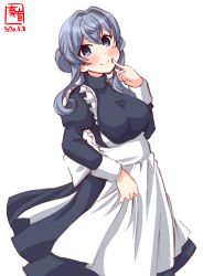 Rule 34 | 1girl, alternate costume, apron, artist logo, blue dress, blue eyes, blue hair, commentary request, cowboy shot, dated, dress, enmaided, finger to another&#039;s cheek, frilled apron, frills, gotland (kancolle), hair bun, highres, kanon (kurogane knights), kantai collection, long hair, looking at viewer, maid, mole, mole under eye, simple background, single hair bun, smile, solo, white apron, white background