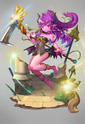 Rule 34 | 1girl, ahoge, bare shoulders, barefoot, chain, collarbone, colored skin, dragon girl, dress, earrings, eyebrows, full body, grey background, highres, holding, holding weapon, horns, jewelry, kisina, long hair, looking at viewer, ming (mg), necklace, original, pink skin, pointy ears, purple hair, red eyes, scythe, simple background, smile, solo, weapon, wings