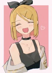 Rule 34 | 1girl, ^ ^, bare shoulders, black bow, black choker, black hairband, blonde hair, bow, breasts, choker, closed eyes, collarbone, hair ornament, hairband, hairclip, heart, hood, hoodie, jewelry, kagamine rin, keylow, loose clothes, musical note necklace, necklace, open clothes, pink background, short hair, small breasts, smile, solo, swept bangs, treble clef, vocaloid, white hoodie