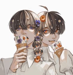 Rule 34 | 4boys, absurdres, ahoge, blue eyes, brown hair, check commentary, collared shirt, commentary, commentary request, daisy, detached ahoge, eating, fatalbug896, flower, food, hair between eyes, hair flower, hair ornament, hand up, highres, holding, holding food, ice cream, licking, long sleeves, looking at viewer, male focus, mini person, miniboy, multicolored eyes, multiple boys, nail polish, on shoulder, open mouth, orange eyes, orange flower, original, pansy, purple flower, purple nails, purple pansy, shirt, simple background, sleeves past fingers, sleeves past wrists, smile, sweets, tongue, upper body, white background, white shirt