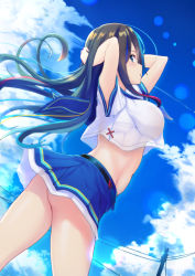 Rule 34 | 1girl, absurdres, armpits, arms behind head, arms up, ass, belt, blue eyes, blue skirt, breasts, brown hair, cloud, commentary request, from side, highres, large breasts, leaning back, liya, long hair, looking at viewer, midriff, miniskirt, no bra, no panties, original, outdoors, school uniform, see-through, serafuku, shirt, skirt, sky, solo, thighs, white shirt, wind, wind lift