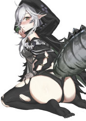 Rule 34 | 1girl, absurdres, ahoge, arknights, ass, bare shoulders, black thighhighs, blush, commentary request, crocodilian tail, from behind, grey eyes, highres, hongbaise raw, hood, large tail, long sleeves, looking back, no shoes, pointy ears, seiza, silver hair, sitting, solo, tail, thick thighs, thighhighs, thighs, tomimi (arknights), torn clothes, torn thighhighs