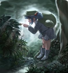 Rule 34 | 1girl, absurdres, backpack, bag, bent over, blue eyes, blue footwear, blue hair, blue shirt, blue skirt, boots, collared shirt, flat cap, forest, frogsnake, hair bobbles, hair ornament, hand on own knee, hat, highres, jewelry, kappa, kawashiro nitori, key, leaf, long sleeves, nature, necklace, pocket, rock, rubber boots, shirt, short twintails, sidelocks, skirt, snail, solo, standing, stream, touhou, tree, twintails, two side up, water