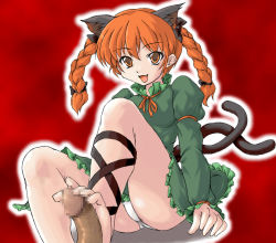 Rule 34 | 1girl, :3, animal ears, barefoot, bow, braid, breasts, cat ears, cat tail, censored, dress, extra ears, fang, feet, foot out of frame, footjob, frilled dress, frills, green dress, hair bow, kaenbyou rin, leg ribbon, legs, long sleeves, looking at viewer, medium hair, mikagura osamu, mosaic censoring, multiple tails, neck ribbon, open mouth, orange eyes, orange hair, outline, panties, pantyshot, penis, puffy long sleeves, puffy sleeves, red background, ribbon, simple background, sitting, small breasts, smile, soles, solo, tail, toes, tongue, touhou, twin braids, underwear, white outline, white panties