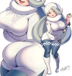 Rule 34 | 1girl, ;), arm under breasts, ass, ass focus, blonde hair, blue eyes, blush, boots, breast focus, breasts, clothes writing, creatures (company), earrings, game freak, grey nails, grey pantyhose, gym leader, hat, highres, holding, holding poke ball, huge ass, huge breasts, iroyopon, jewelry, lips, long hair, long sleeves, looking at viewer, mature female, melony (pokemon), multiple views, nail polish, nintendo, one eye closed, open mouth, pantyhose, pantyhose under shorts, plump, poke ball, pokemon, pokemon swsh, short shorts, shorts, smile, standing, sweater, teeth, thick thighs, thighs, ultra ball, upper teeth only, very long hair, white footwear, white headwear, white shorts, white sweater