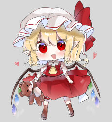 Rule 34 | 1girl, ascot, blonde hair, chibi, crystal, flandre scarlet, hat, hat ribbon, holding, mob cap, multicolored wings, one side up, open mouth, puffy short sleeves, puffy sleeves, ramochi, red eyes, red skirt, red vest, ribbon, short sleeves, side ponytail, skirt, skirt set, solo, stuffed animal, stuffed toy, teddy bear, touhou, vest, white hat, wings, yellow ascot