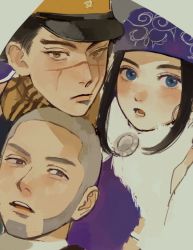 Rule 34 | 1girl, 2boys, ainu, ainu clothes, asirpa, bandana, black eyes, black hair, black headwear, blue bandana, blue eyes, blush, brown eyes, buzz cut, cape, close-up, closed mouth, collar, commentary request, ear piercing, earrings, eyebrows, facial hair, facial scar, framed, friends, fur cape, goatee, golden kamuy, grey hair, hat, highres, hoop earrings, imperial japanese army, jewelry, kepi, lips, long hair, long sideburns, looking at viewer, military, military hat, military uniform, morikomori, multiple boys, open mouth, parted lips, piercing, scar, scar on cheek, scar on face, scar on mouth, scar on nose, scarf, shiraishi yoshitake, short hair, sideburns, sidelocks, simple background, star (symbol), sugimoto saichi, two-tone headwear, uniform, upper body, very short hair, white cape, yellow headwear, yellow scarf