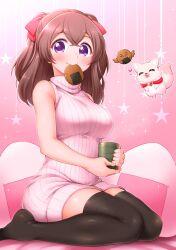 Rule 34 | 1girl, arakawa tarou, bare shoulders, black thighhighs, blush, bow, breasts, brown hair, casual, commentary request, creature, cup, delicious party precure, dress, food, food in mouth, hair bow, hair ribbon, highres, holding, holding cup, kome-kome (precure), large breasts, legs, long hair, mouth hold, nagomi yui, no shoes, onigiri, pink background, pink sweater, precure, purple eyes, recipipi, red bow, ribbed sweater, ribbon, senbei, sitting, sleeveless turtleneck dress, solo, sparkle, star (symbol), sweater, sweater dress, thighhighs, turtleneck, two side up, yunomi, zettai ryouiki