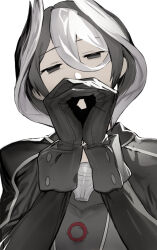 Rule 34 | 1girl, black eyes, black gloves, black hair, commentary, empty eyes, gloves, hair between eyes, long sleeves, looking at viewer, made in abyss, multicolored hair, own hands together, ozen, short hair, simple background, solo, soosaresu, symbol-only commentary, upper body, whistle, white background, white hair