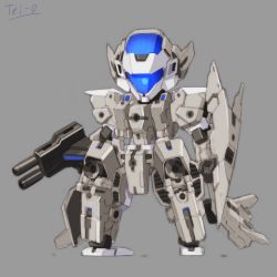Rule 34 | 30 minutes missions, blue eyes, chibi, clenched hand, eexm-30 espossito alpha, grey background, gun, highres, holding, holding gun, holding weapon, looking at viewer, mecha, no humans, one-eyed, robot, science fiction, solo, standing, tei-o, weapon