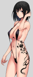 Rule 34 | 1girl, absurdres, bare shoulders, black eyes, black hair, black one-piece swimsuit, black slingshot swimsuit, breasts, cleavage, collarbone, flower tattoo, highres, large breasts, looking at viewer, navel, one-piece swimsuit, original, orochi itto, short hair, slingshot swimsuit, snake tattoo, solo, swimsuit, tattoo, thighs