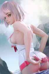 Rule 34 | 1girl, adjusting clothes, adjusting swimsuit, ass, backless dress, backless outfit, bare shoulders, beach, bikini, breasts, cleavage, clothes lift, cloud, day, dress, dress lift, fate/grand order, fate (series), green eyes, highres, lifting own clothes, light purple hair, looking at viewer, looking back, mash kyrielight, mash kyrielight (swimsuit of perpetual summer), medium breasts, official alternate costume, parted lips, partially submerged, realistic, rock, ryan tien, short dress, short hair, sideboob, skirt, solo, standing, strapless, swimsuit, wading, water, white bikini