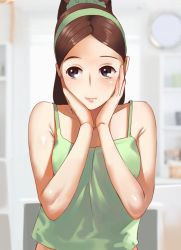 Rule 34 | 1girl, bare shoulders, black eyes, black hair, blush, breasts, brown hair, hairband, hands on own face, long hair, min-gook&#039;s mother, ponytail, rumo, smile, solo, tank top