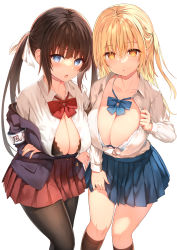 Rule 34 | 2girls, arms under breasts, asymmetrical docking, blazer, blonde hair, blue eyes, bra, breast press, breasts, bright pupils, brown hair, cleavage, clothes lift, collarbone, cowboy shot, hair between eyes, highres, jacket, kneehighs, large breasts, long hair, looking at viewer, loose necktie, multiple girls, necktie, open clothes, open mouth, open shirt, orange eyes, original, pantyhose, partially unbuttoned, pleated skirt, school uniform, shirt, shirt tucked in, side-by-side, sidelocks, simple background, skirt, skirt lift, socks, sune (mugendai), twintails, underwear, uniform, white background, white shirt