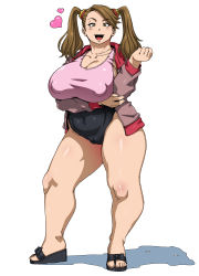 Rule 34 | 1girl, breasts, brown eyes, brown hair, cameltoe, cleavage, female focus, full body, gundam, gundam build fighters, gundam build fighters try, hair ornament, highres, huge breasts, jun (rojiura jack), large breasts, long hair, looking at viewer, one-piece swimsuit, open mouth, plump, puffy nipples, rojiura jack, sazaki kaoruko, smile, solo, standing, swimsuit, thick thighs, thighs, tongue, twintails, two-tone swimsuit