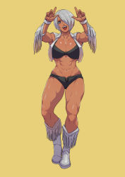 Rule 34 | 1girl, abs, absurdres, alternate costume, angel (kof), black panties, blue eyes, boots, breasts, cirenk, cleavage, commission, cosplay, cowboy boots, cowboy western, crop top, cropped vest, dark-skinned female, dark skin, dead or alive, dead or alive 2, fringe trim, grey hair, highres, large breasts, lips, muscular, muscular female, panties, short hair, short shorts, shorts, simple background, smile, solo, stomach, the king of fighters, the king of fighters xiv, tina armstrong (cosplay), underwear, vest, wrestling outfit, yellow background