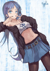 Rule 34 | 1girl, alternate costume, belt, black jacket, black pantyhose, blue eyes, blue hair, blue skirt, casual, finger in own mouth, jacket, kantai collection, long hair, looking at viewer, midriff, off-shoulder jacket, off shoulder, one-hour drawing challenge, pantyhose, pleated skirt, samidare (kancolle), signature, skirt, solo, yanagi wakana