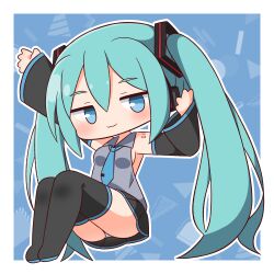 Rule 34 | 1girl, :3, aqua hair, arm up, ass, bare shoulders, black footwear, black skirt, black sleeves, blue background, blue eyes, blue necktie, blush, boots, breasts, chibi, collared shirt, detached sleeves, full body, grey shirt, hair between eyes, hana kazari, hand up, hatsune miku, headphones, highres, long sleeves, looking at viewer, necktie, outline, outstretched arm, panties, pleated skirt, shirt, skirt, sleeveless, sleeveless shirt, sleeves past wrists, small breasts, solo, thick eyebrows, thigh boots, tie clip, twintails, underwear, vocaloid, white outline, white panties, wide sleeves