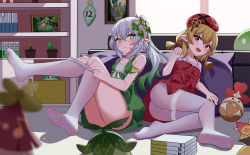 Rule 34 | 2girls, :d, absurdres, adjusting clothes, adjusting legwear, ahoge, alternate costume, aranara (genshin impact), armlet, ass, bed, bed sheet, bedroom, blurry, book, book stack, cactus, cameo, casual, clover print, commentary request, contemporary, depth of field, dress, ganyu (genshin impact), genshin impact, gradient hair, green dress, green eyes, hair between eyes, hair ornament, hat, highres, jumpy dumpty, klee (genshin impact), light brown hair, long hair, looking at viewer, low twintails, multicolored hair, multiple girls, nahida (genshin impact), open mouth, orange eyes, panties, panties under pantyhose, pantyhose, pantyshot, photo (object), plant, pointy ears, potted plant, red dress, shelf, side ponytail, sidelocks, sitting, sleeveless, slime (genshin impact), smile, soles, stuffed animal, stuffed toy, symbol-shaped pupils, trait connection, twintails, underwear, white hair, white panties, white pantyhose, window, yekun