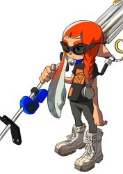 Rule 34 | 1girl, black-framed eyewear, black shirt, braid, colored tips, commentary request, e-liter 4k (splatoon), full body, goggles, grey hair, grey pants, gun, high tops, highres, holding, holding gun, holding weapon, inkling, inkling girl, inkling player character, long hair, multicolored hair, nintendo, orange hair, pants, pointy ears, print shirt, shirt, shoes, simple background, single braid, sneakers, solo, splatoon (series), splatoon 3, standing, tentacle hair, weapon, white background, white footwear, xdies ds