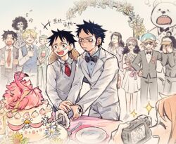 Rule 34 | 3girls, 6+boys, afro, bear, bepo, bird, black hair, blonde hair, blush, bouquet, bow, bowtie, brook (one piece), brown hair, buttons, cake, camcorder, closed eyes, commentary request, cup, curly hair, cutting, demorzel, donquixote doflamingo, dress, drinking glass, earrings, facial hair, flamingo, flower, food, formal, goatee, green hair, hand tattoo, happy, hat, heart pirates jolly roger, holding, holding bouquet, holding cup, holding sword, holding weapon, husband and husband, ikkaku (one piece), jacket, jewelry, jolly roger, katana, long hair, long sleeves, monkey d. luffy, multiple boys, multiple girls, nami (one piece), necktie, nervous, nico robin, one piece, open mouth, orange hair, pants, penguin (one piece), plate, polar bear, portgas d. ace, recording, roronoa zoro, sabo (one piece), shachi (one piece), shirt, short hair, smile, sparkle, straw hat, straw hats jolly roger, sunflower, sunglasses, sweatdrop, sword, table, tattoo, trafalgar law, vest, video camera, weapon, wedding, wedding cake cutting, white jacket, white pants, white shirt, yaoi, yellow eyes