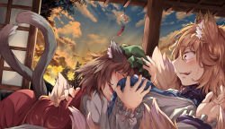 Rule 34 | 2girls, absurdres, animal ears, between breasts, blonde hair, blush, grabbing another&#039;s breast, breasts, brown hair, cat ears, cat tail, chen, closed eyes, commentary request, drooling, face between breasts, fang, fox ears, frilled sleeves, frills, from side, grabbing, hand on another&#039;s back, hand on own head, hat, head between breasts, highres, huge filesize, light rays, long sleeves, looking at another, lying, lying on person, mahimaru, medium hair, mob cap, multiple girls, multiple tails, nekomata, no headwear, on back, on stomach, open mouth, shirt, skirt, sliding doors, sunbeam, sunlight, sweat, tabard, tail, touhou, twilight, two tails, v-shaped eyebrows, vest, wind chime, yakumo ran, yellow eyes, yuri
